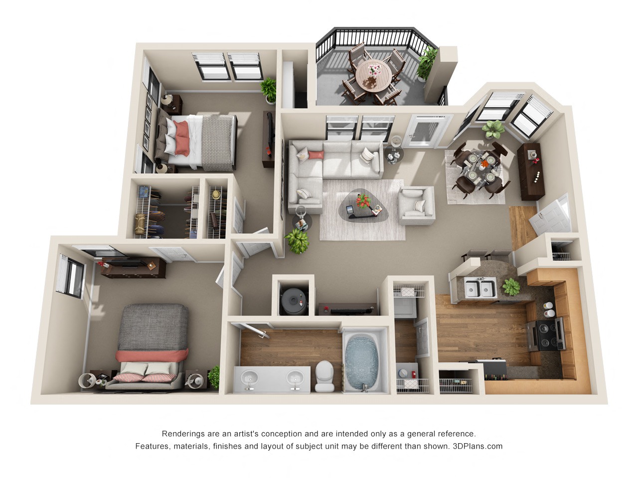 Floor plan for 2 beds, 1 bath, 1005 sqft